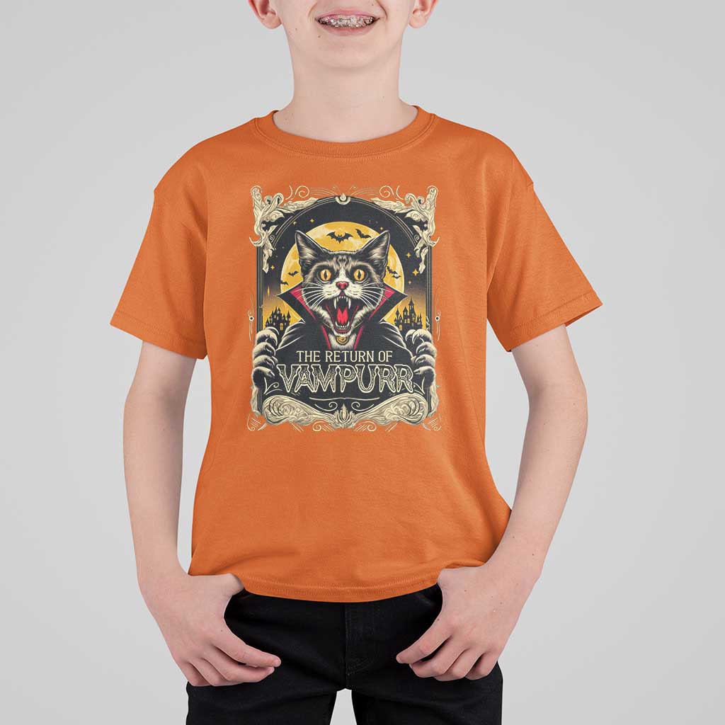 Funny Halloween Cat T Shirt For Kid The Return Of Vampurr Scary Vampire Moon Bat - Wonder Print Shop