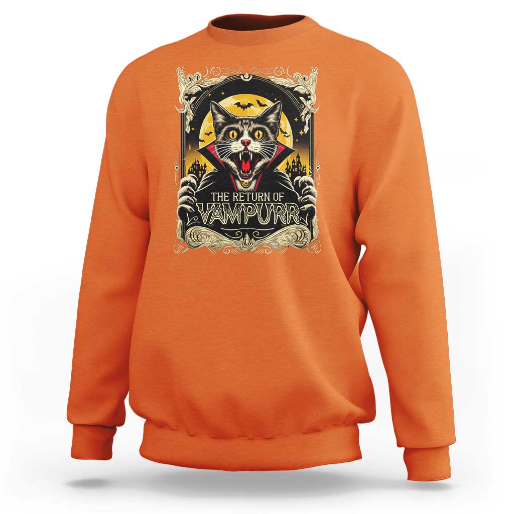 Funny Halloween Cat Sweatshirt The Return Of Vampurr Scary Vampire Moon Bat - Wonder Print Shop
