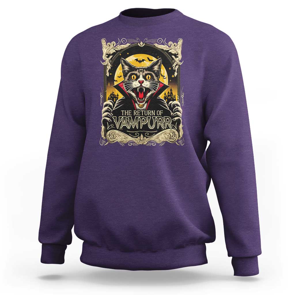 Funny Halloween Cat Sweatshirt The Return Of Vampurr Scary Vampire Moon Bat - Wonder Print Shop