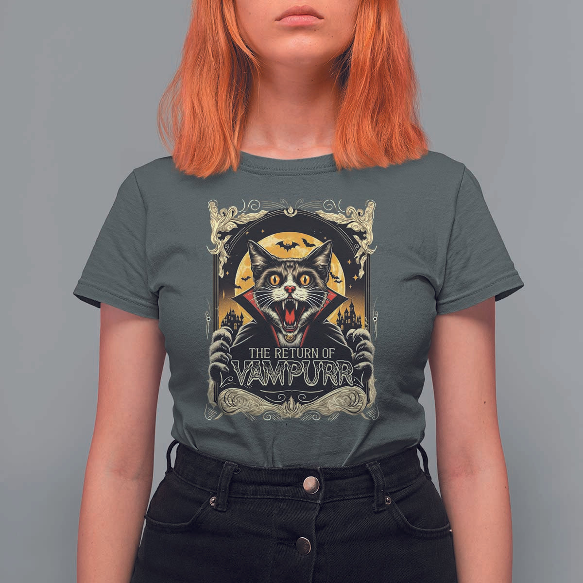 Funny Halloween Cat T Shirt For Women The Return Of Vampurr Scary Vampire Moon Bat - Wonder Print Shop