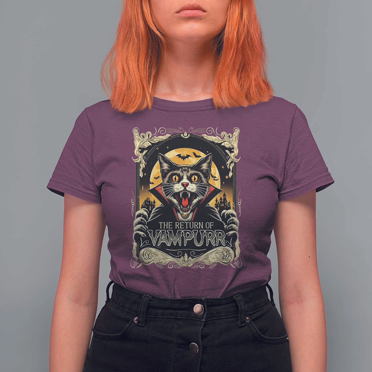 Funny Halloween Cat T Shirt For Women The Return Of Vampurr Scary Vampire Moon Bat - Wonder Print Shop