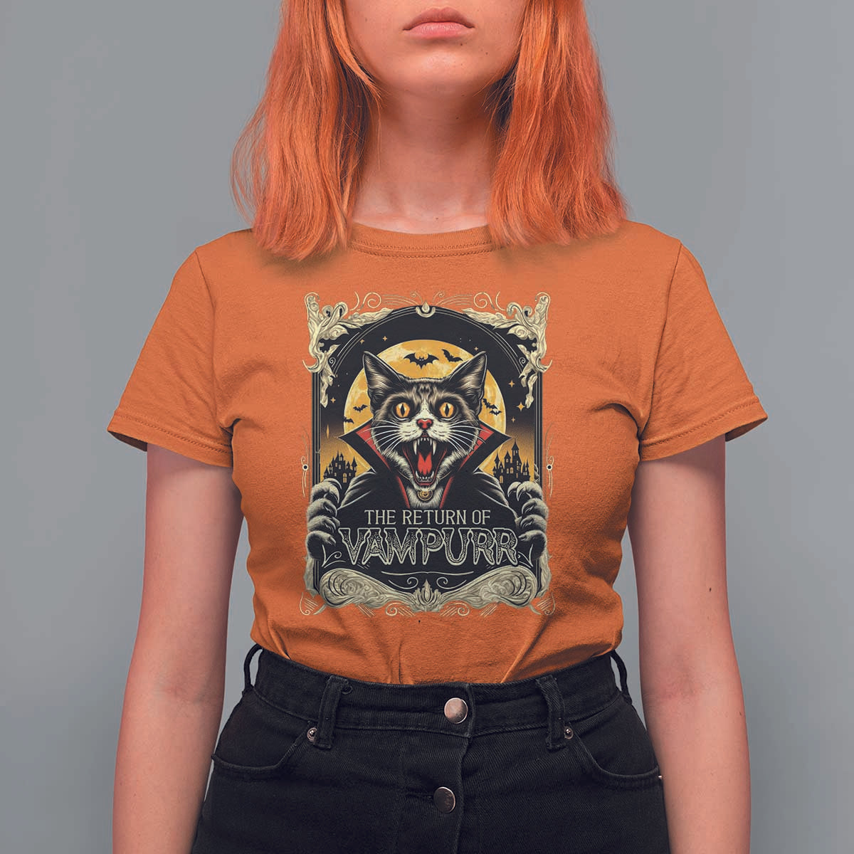 Funny Halloween Cat T Shirt For Women The Return Of Vampurr Scary Vampire Moon Bat - Wonder Print Shop