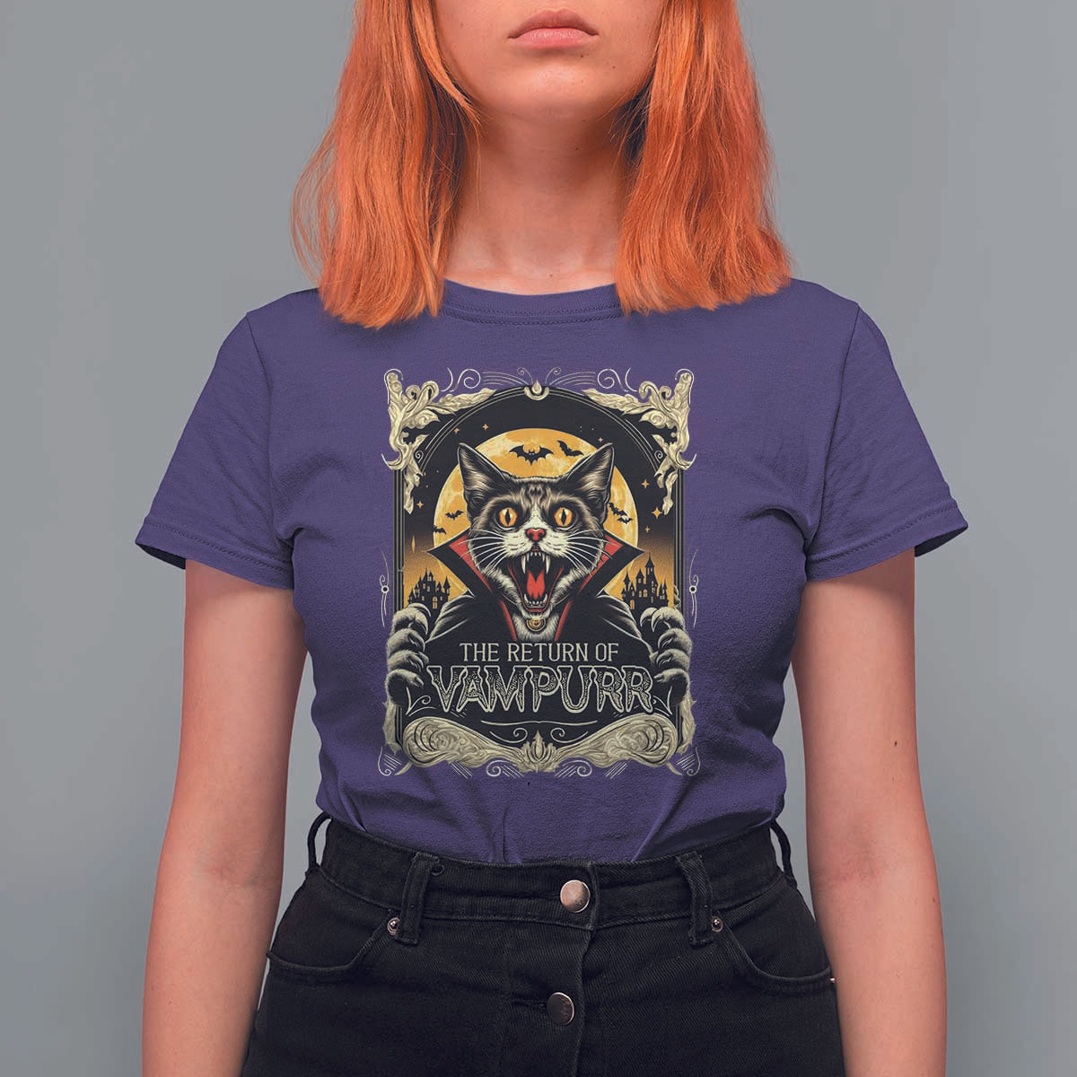 Funny Halloween Cat T Shirt For Women The Return Of Vampurr Scary Vampire Moon Bat - Wonder Print Shop