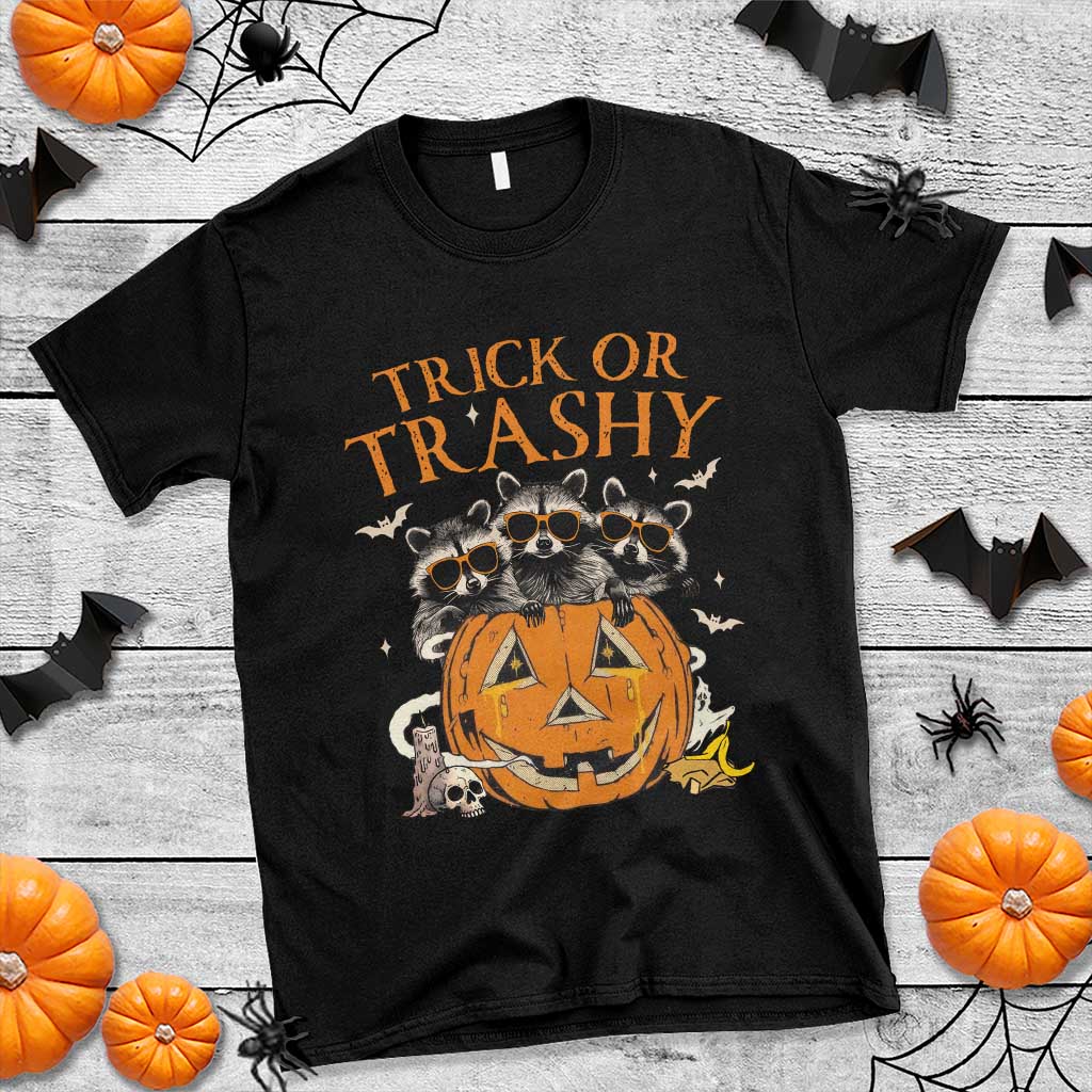 Funny Halloween T Shirt Trick Or Trashy Racoon Vintage Pumpkin Bat Trash - Wonder Print Shop