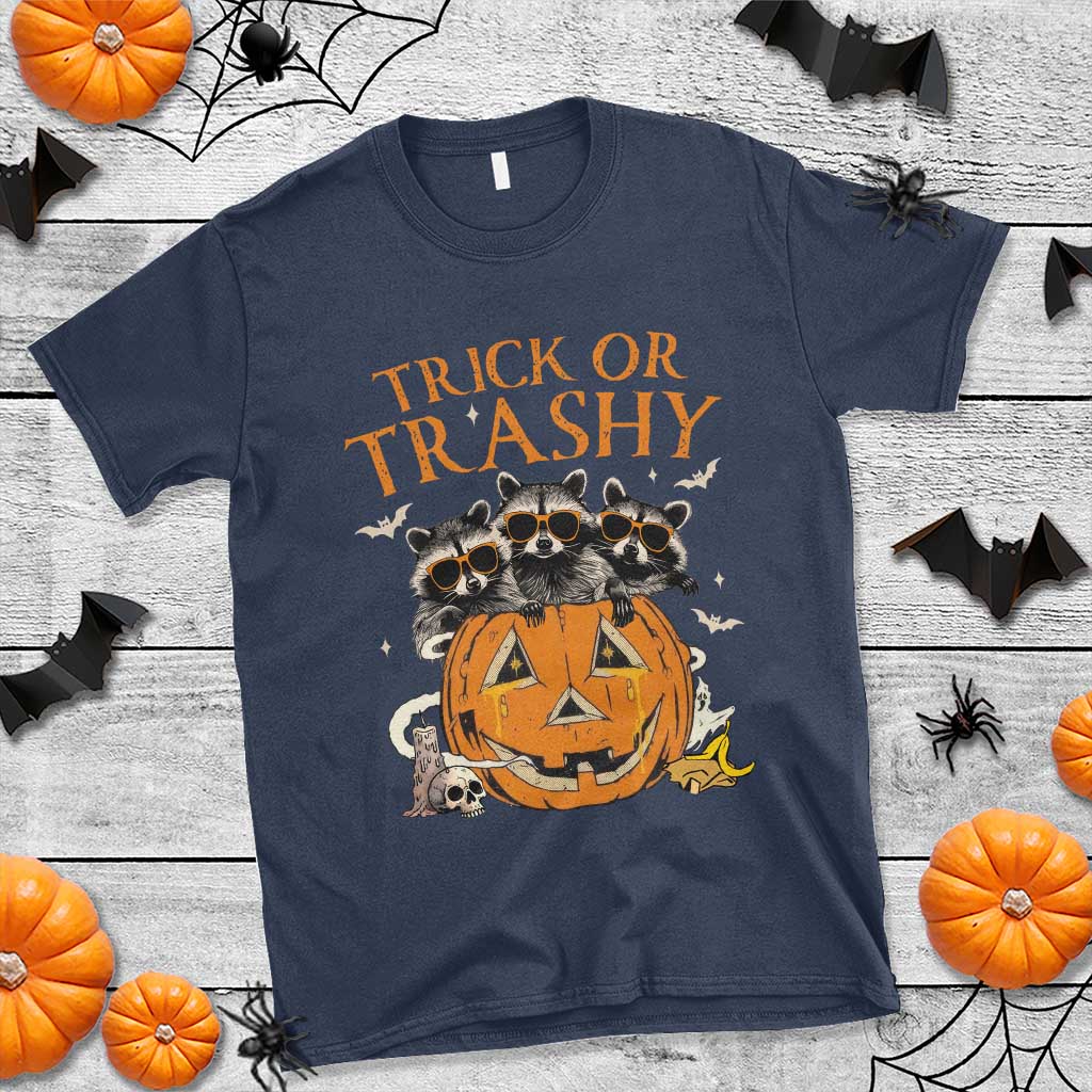 Funny Halloween T Shirt Trick Or Trashy Racoon Vintage Pumpkin Bat Trash - Wonder Print Shop