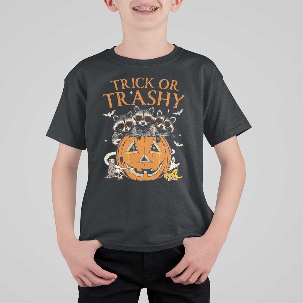 Funny Halloween T Shirt For Kid Trick Or Trashy Racoon Vintage Pumpkin Bat Trash - Wonder Print Shop