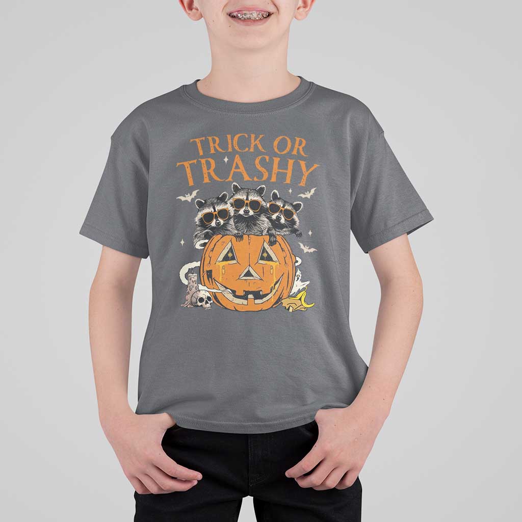Funny Halloween T Shirt For Kid Trick Or Trashy Racoon Vintage Pumpkin Bat Trash - Wonder Print Shop