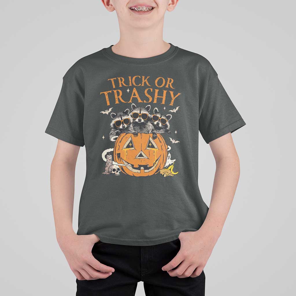 Funny Halloween T Shirt For Kid Trick Or Trashy Racoon Vintage Pumpkin Bat Trash - Wonder Print Shop