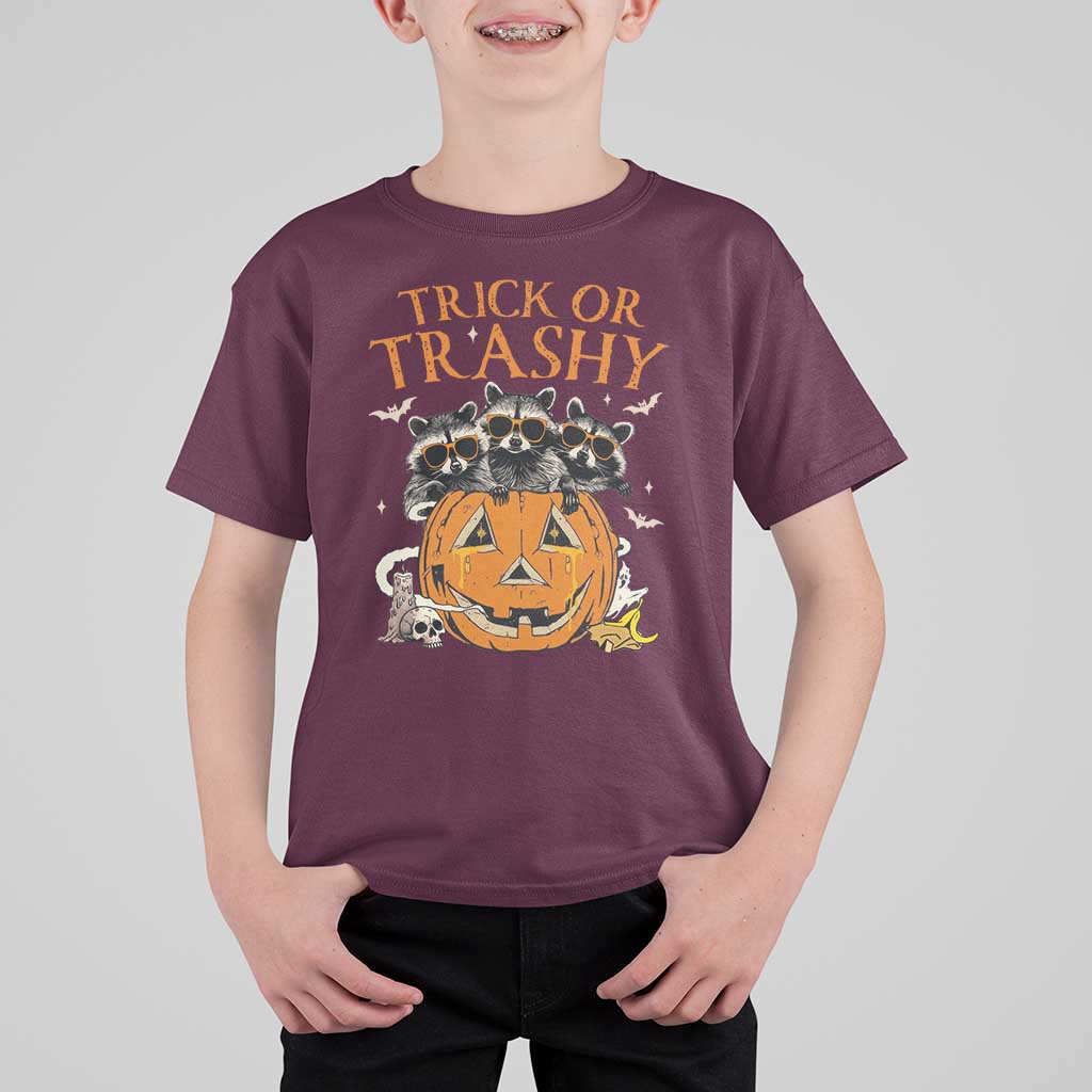 Funny Halloween T Shirt For Kid Trick Or Trashy Racoon Vintage Pumpkin Bat Trash - Wonder Print Shop