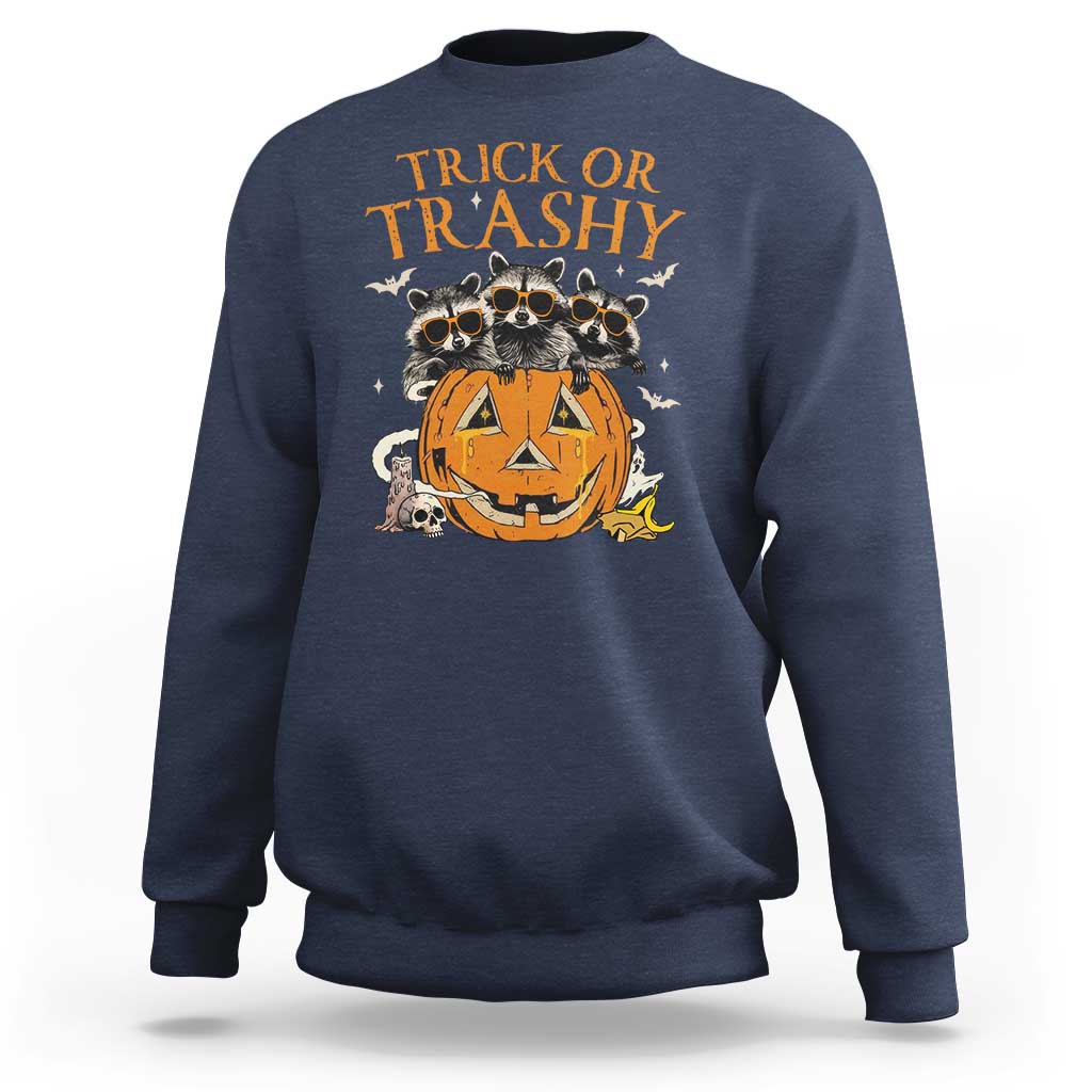 Funny Halloween Sweatshirt Trick Or Trashy Racoon Vintage Pumpkin Bat Trash - Wonder Print Shop
