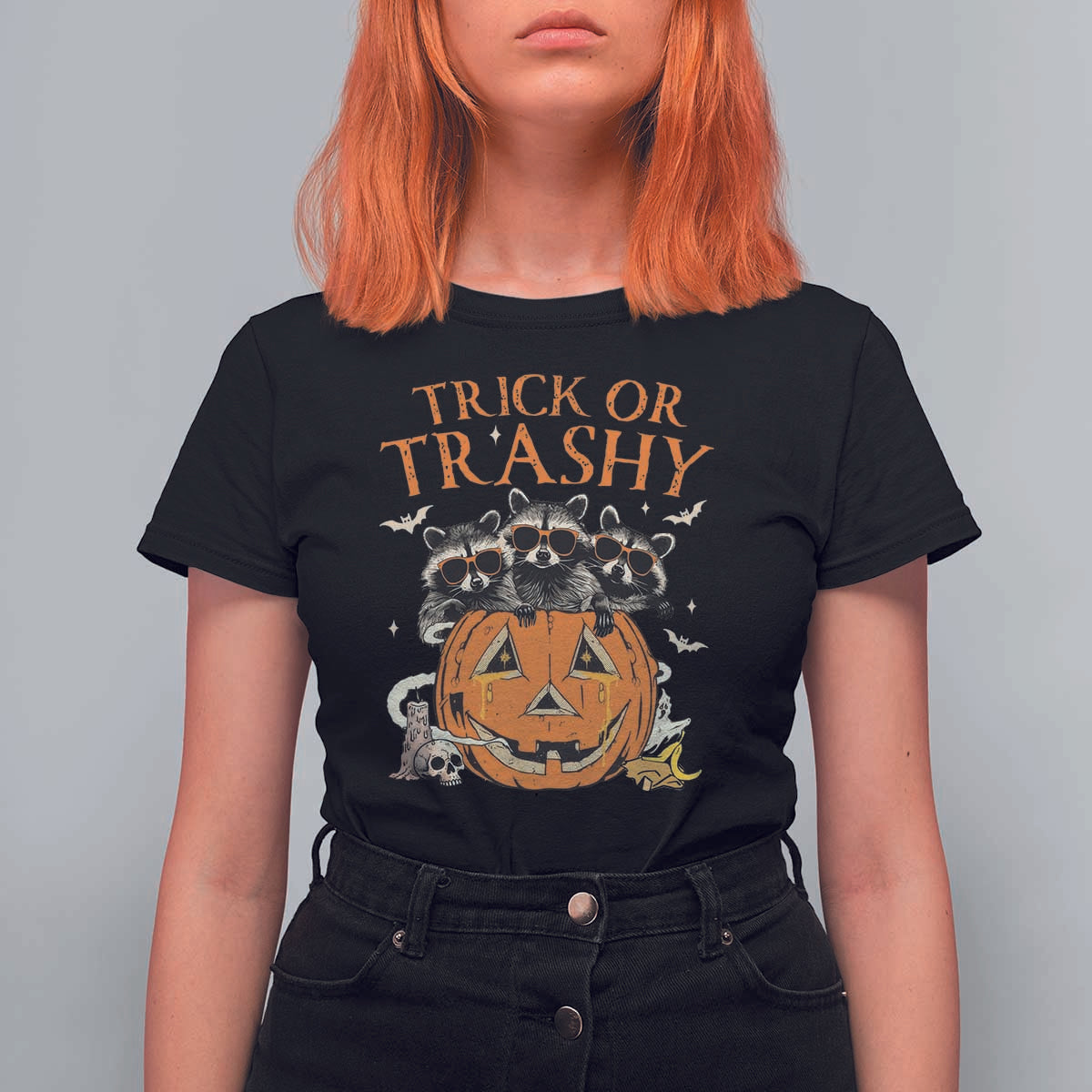 Funny Halloween T Shirt For Women Trick Or Trashy Racoon Vintage Pumpkin Bat Trash - Wonder Print Shop