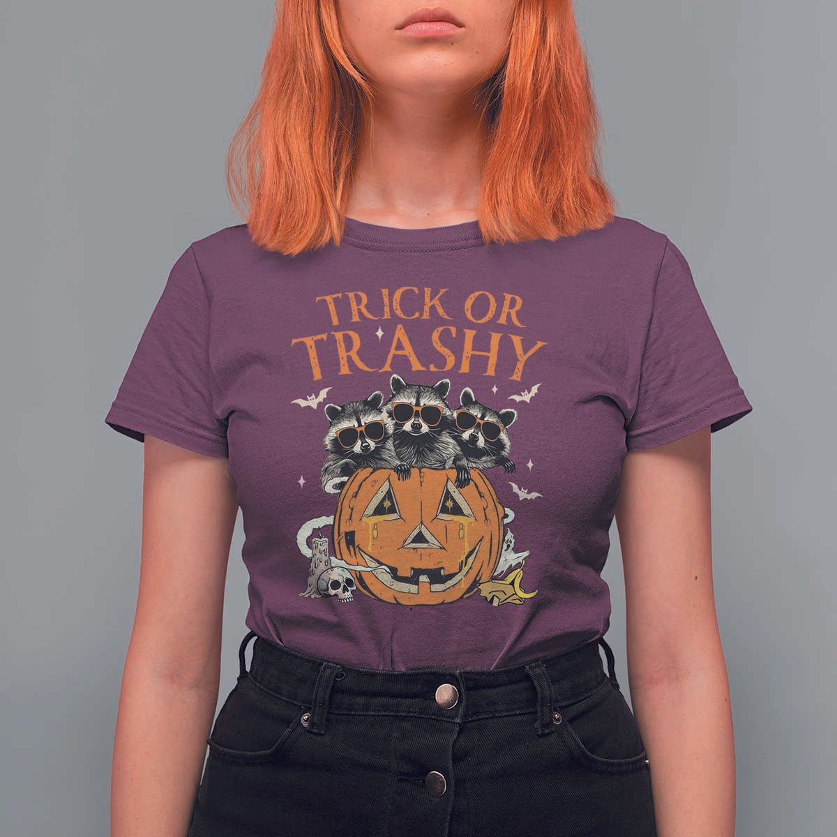 Funny Halloween T Shirt For Women Trick Or Trashy Racoon Vintage Pumpkin Bat Trash - Wonder Print Shop