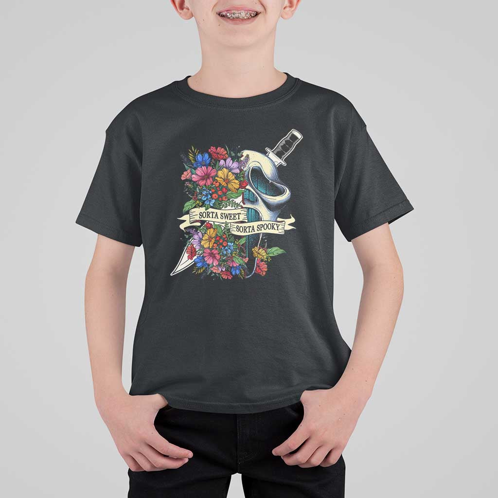 Funny Halloween T Shirt For Kid Sorta Sweet Sorta Spooky Ghost Flower Knife Murderer - Wonder Print Shop