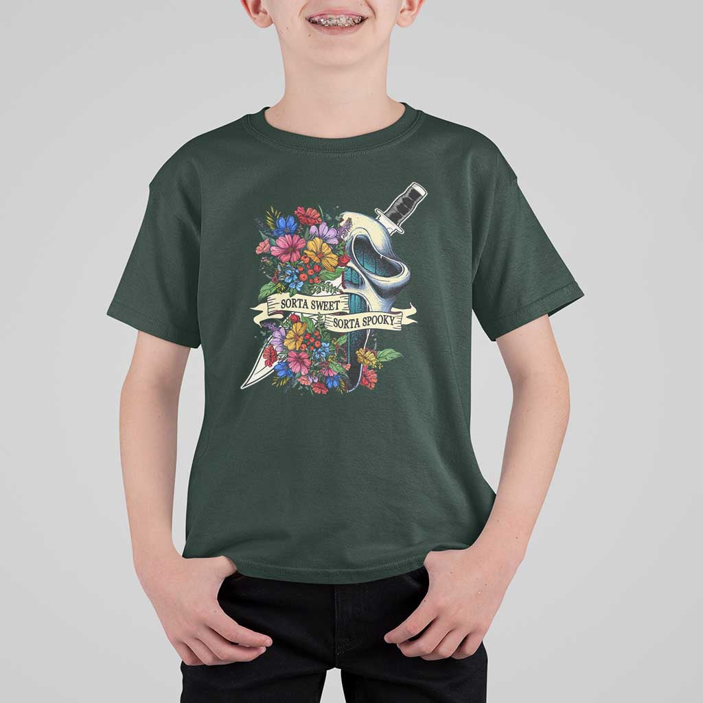 Funny Halloween T Shirt For Kid Sorta Sweet Sorta Spooky Ghost Flower Knife Murderer - Wonder Print Shop