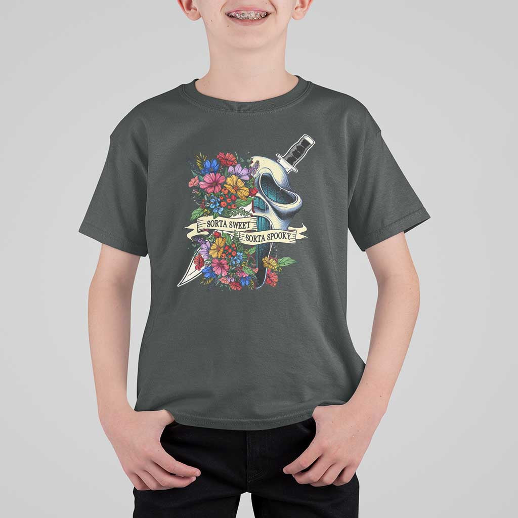 Funny Halloween T Shirt For Kid Sorta Sweet Sorta Spooky Ghost Flower Knife Murderer - Wonder Print Shop