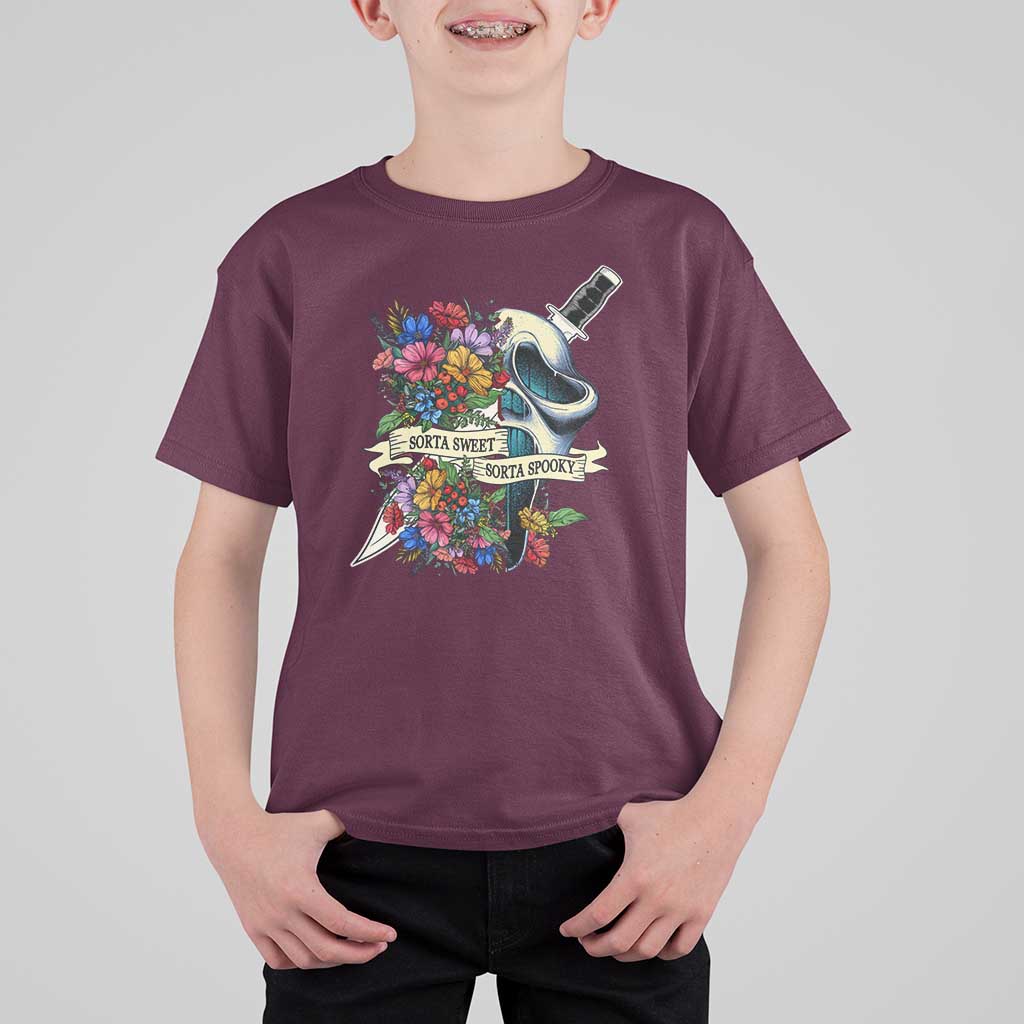 Funny Halloween T Shirt For Kid Sorta Sweet Sorta Spooky Ghost Flower Knife Murderer - Wonder Print Shop