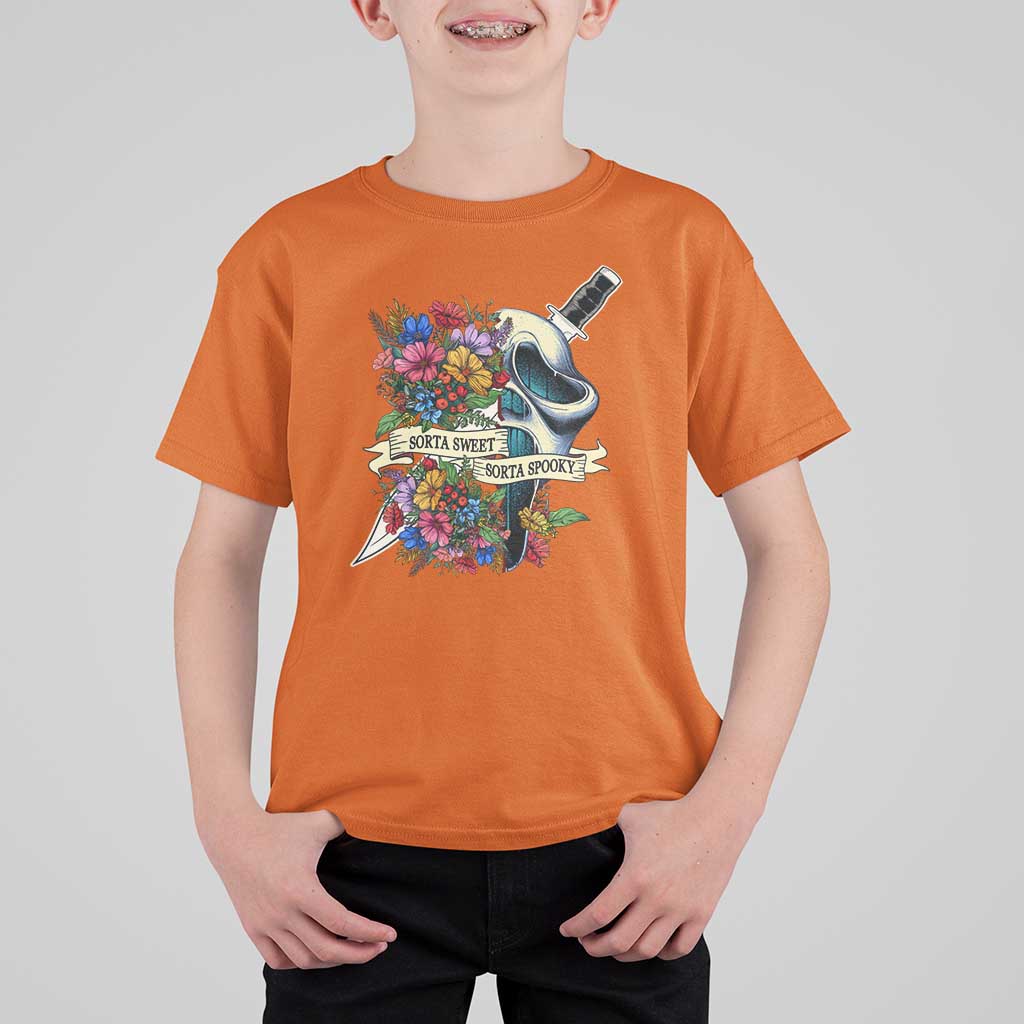 Funny Halloween T Shirt For Kid Sorta Sweet Sorta Spooky Ghost Flower Knife Murderer - Wonder Print Shop