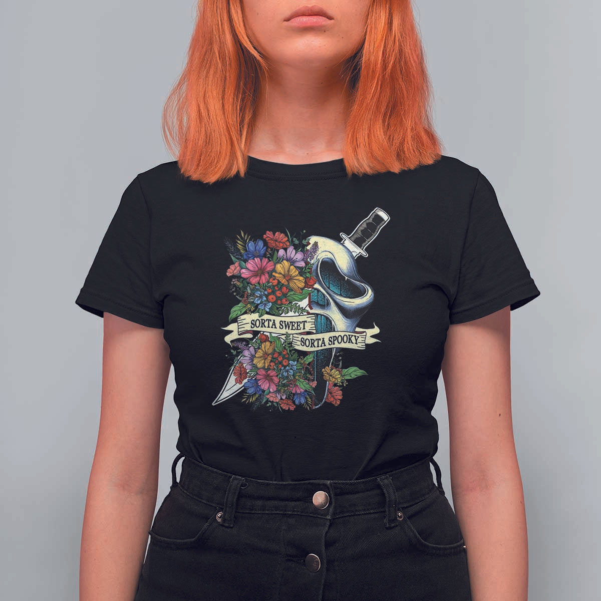 Funny Halloween T Shirt For Women Sorta Sweet Sorta Spooky Ghost Flower Knife Murderer - Wonder Print Shop