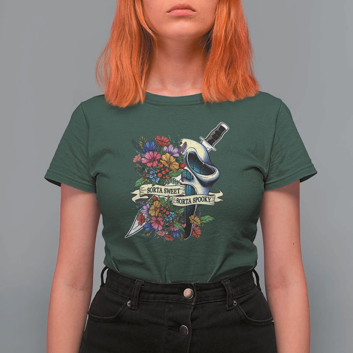 Funny Halloween T Shirt For Women Sorta Sweet Sorta Spooky Ghost Flower Knife Murderer - Wonder Print Shop