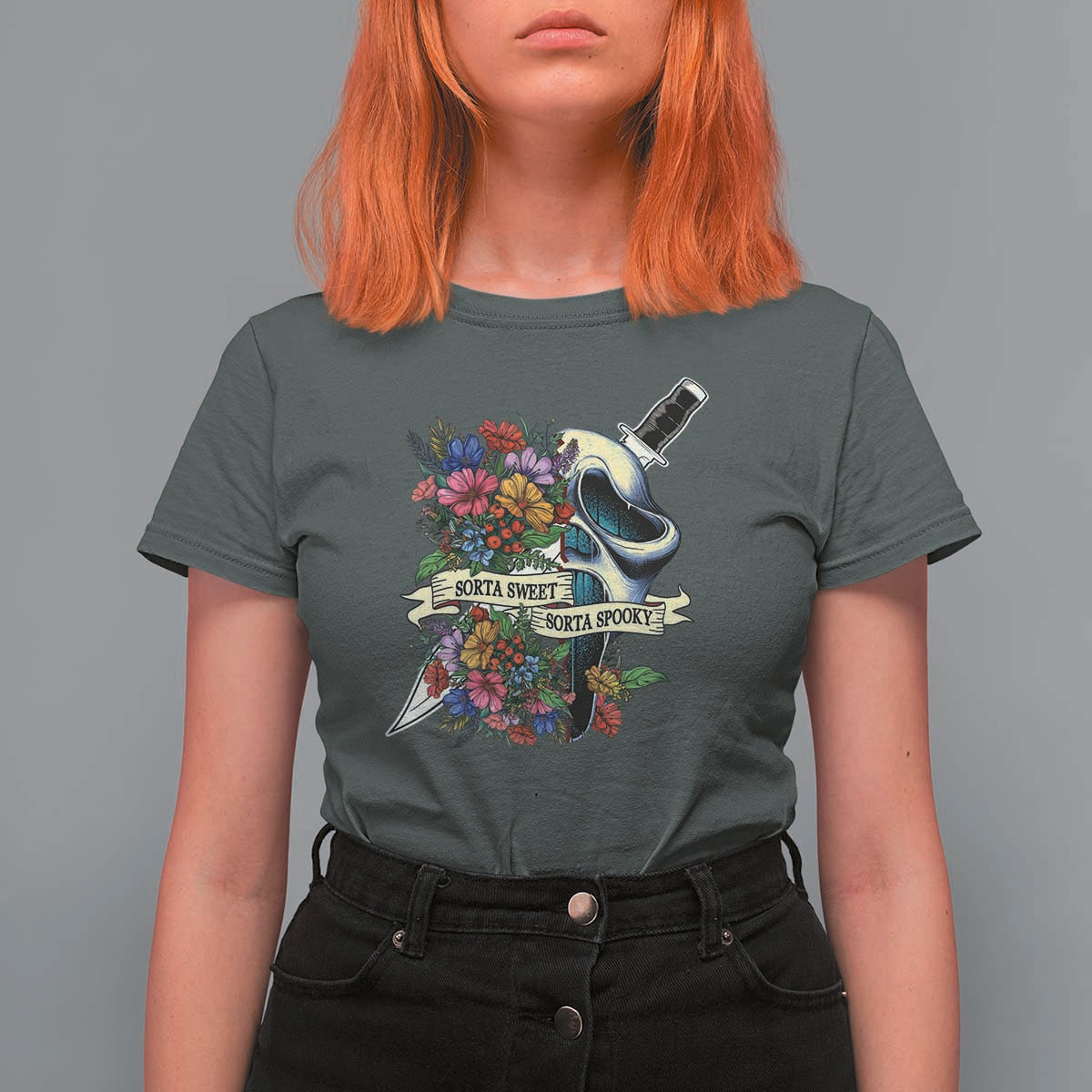 Funny Halloween T Shirt For Women Sorta Sweet Sorta Spooky Ghost Flower Knife Murderer - Wonder Print Shop