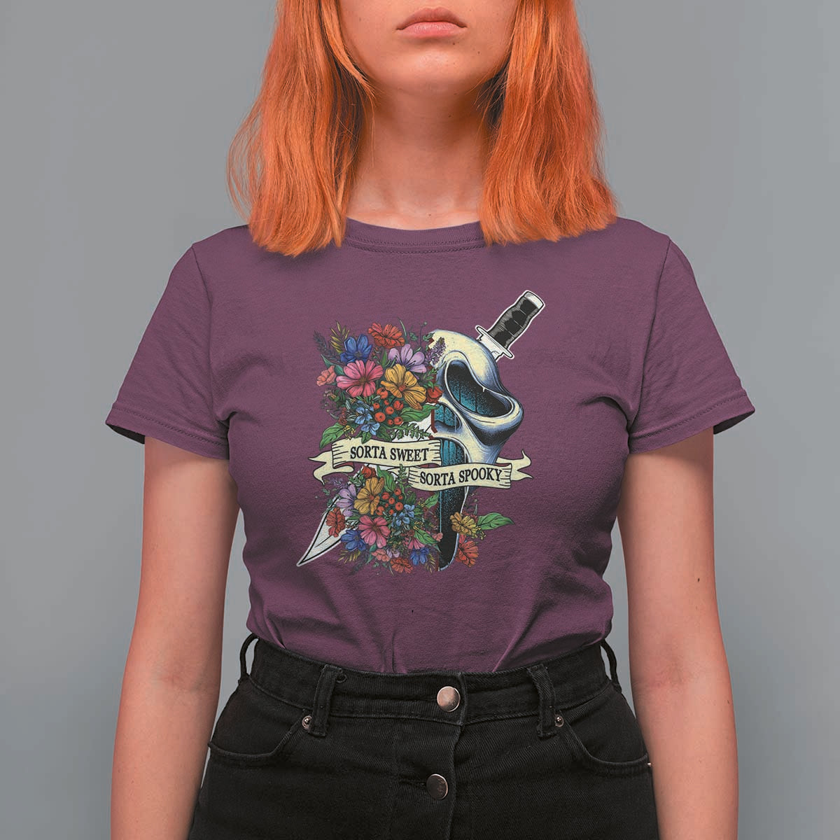 Funny Halloween T Shirt For Women Sorta Sweet Sorta Spooky Ghost Flower Knife Murderer - Wonder Print Shop