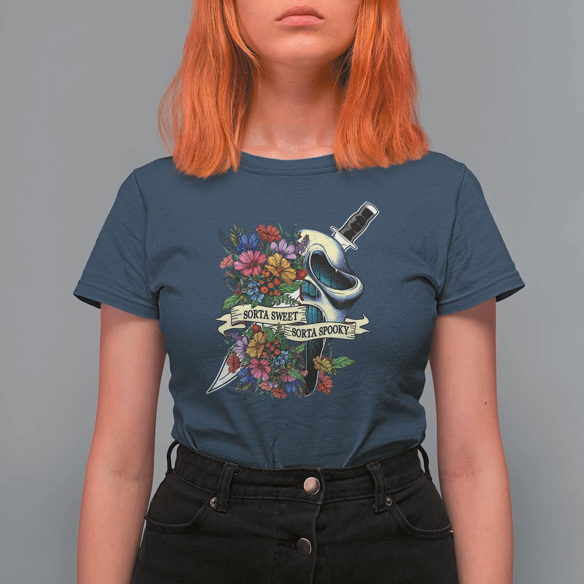 Funny Halloween T Shirt For Women Sorta Sweet Sorta Spooky Ghost Flower Knife Murderer - Wonder Print Shop
