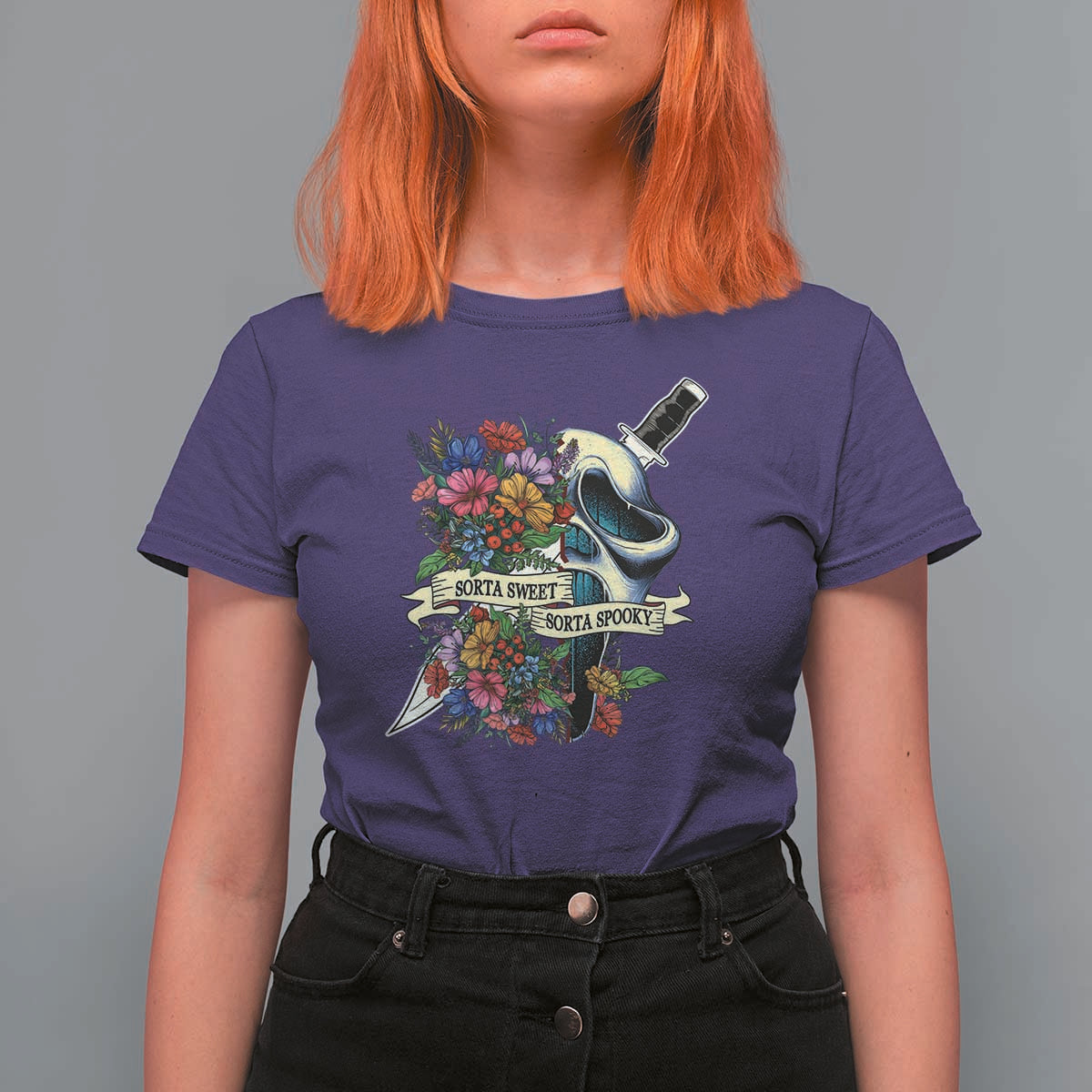 Funny Halloween T Shirt For Women Sorta Sweet Sorta Spooky Ghost Flower Knife Murderer - Wonder Print Shop