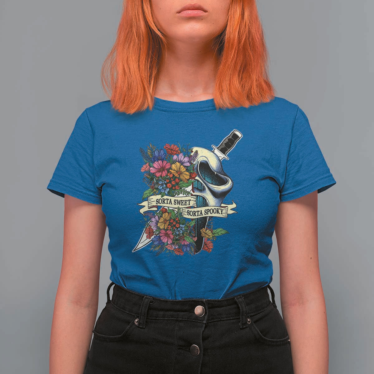 Funny Halloween T Shirt For Women Sorta Sweet Sorta Spooky Ghost Flower Knife Murderer - Wonder Print Shop