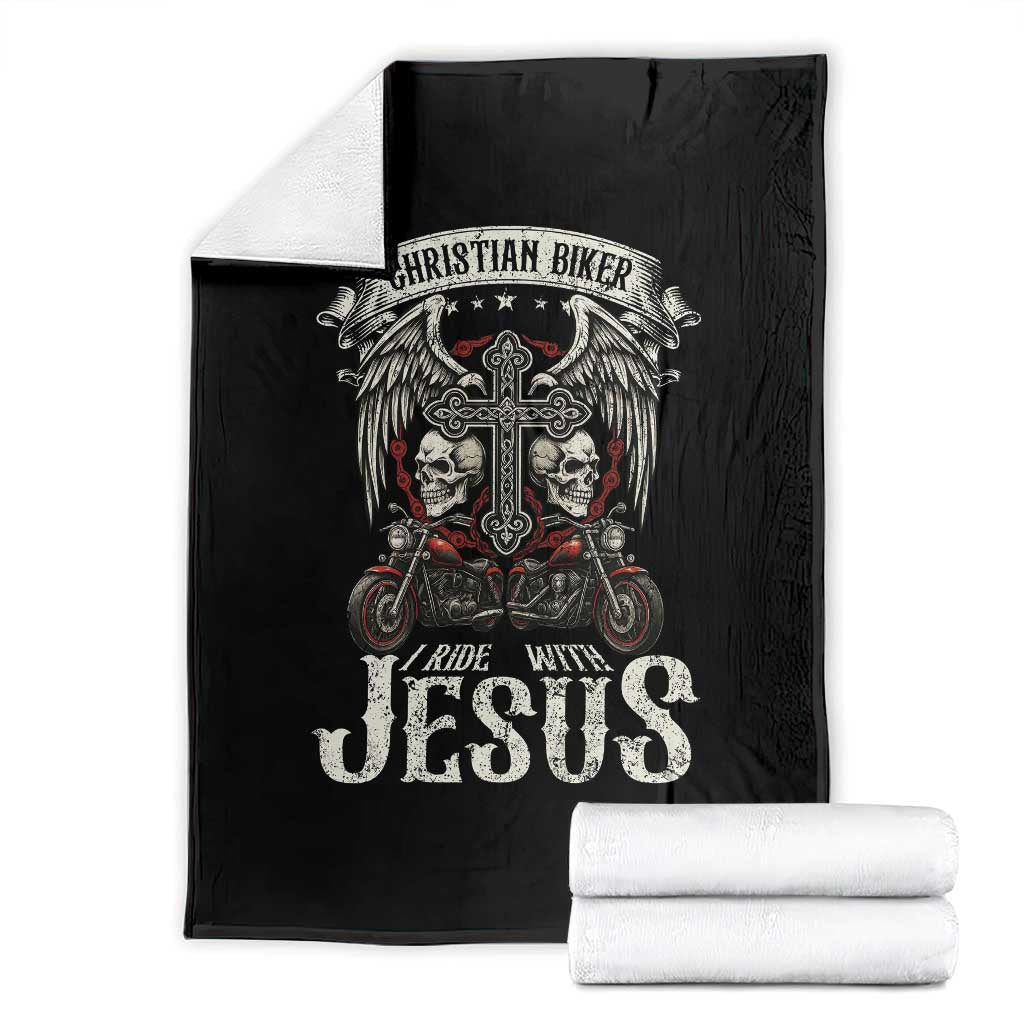 Christian Biker I Ride With Jesus Throw Blanket Religious Faith Motorcycle Rider Skull - Wonder Print Shop