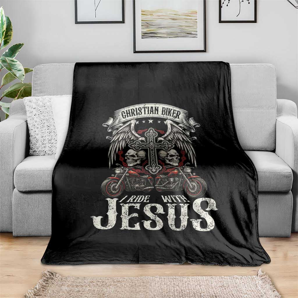 Christian Biker I Ride With Jesus Throw Blanket Religious Faith Motorcycle Rider Skull - Wonder Print Shop