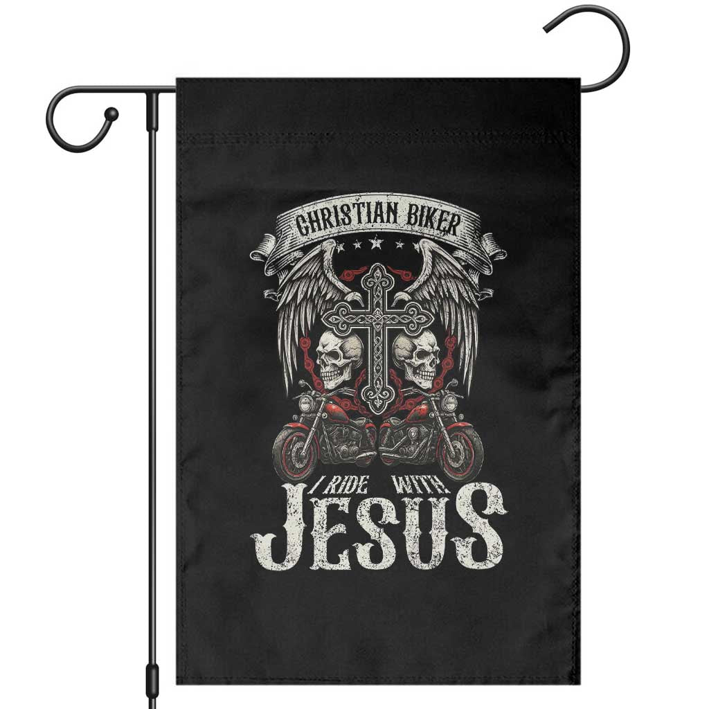 Christian Biker I Ride With Jesus Garden Flag Religious Faith Motorcycle Rider Skull - Wonder Print Shop
