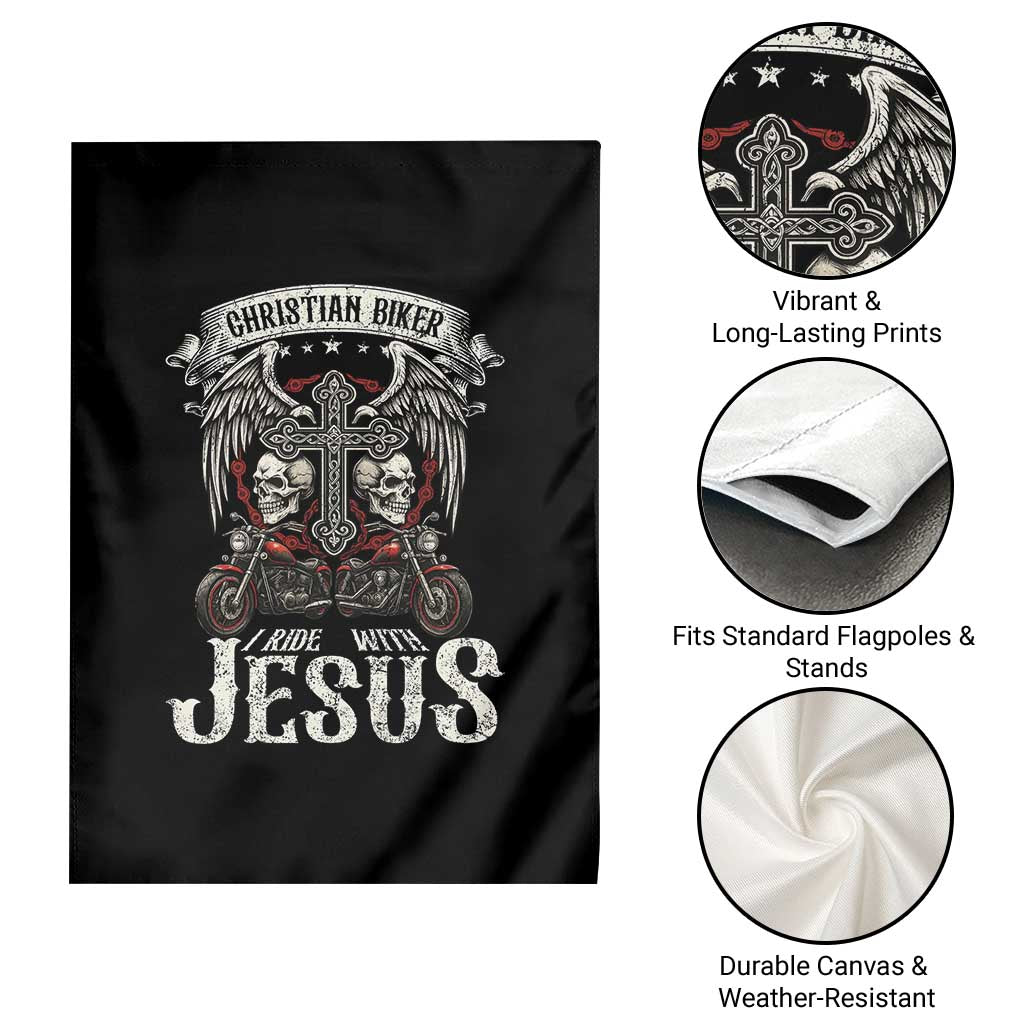 Christian Biker I Ride With Jesus Garden Flag Religious Faith Motorcycle Rider Skull - Wonder Print Shop