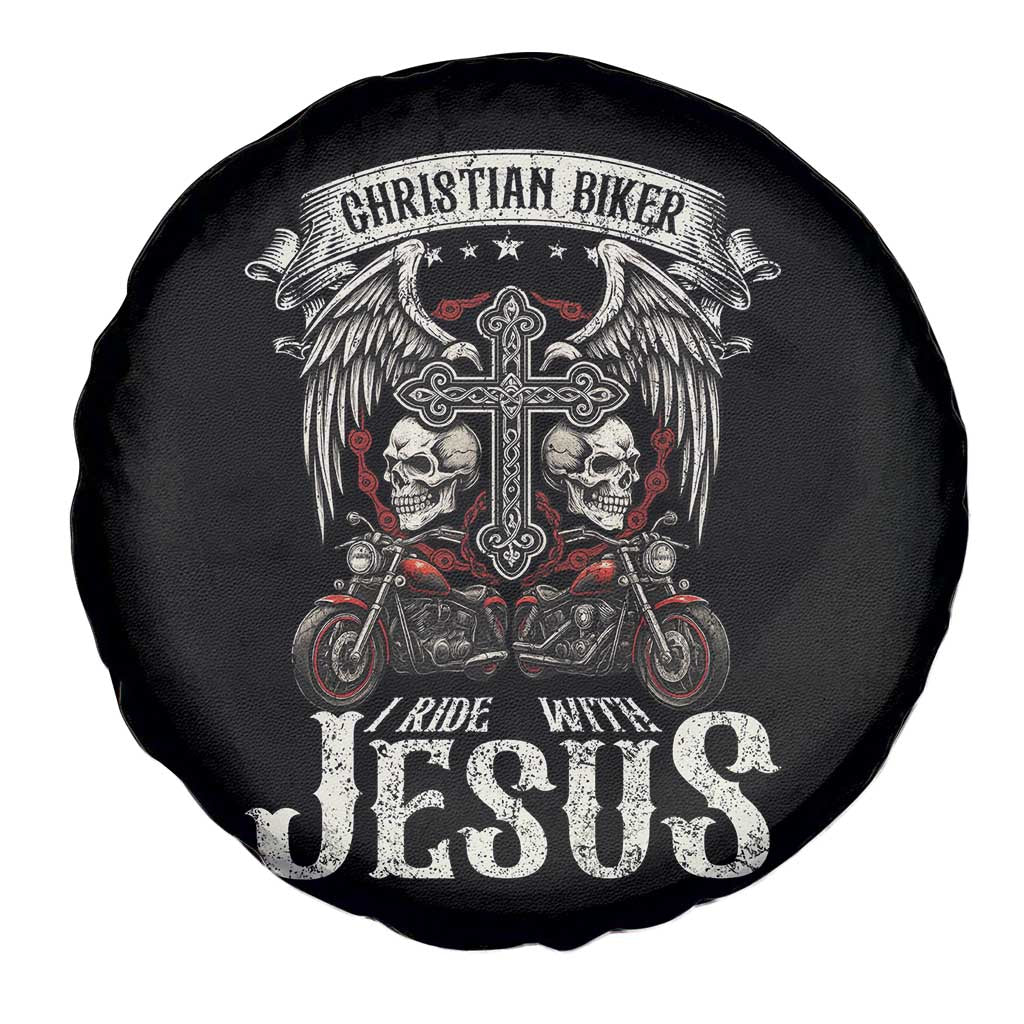 Christian Biker I Ride With Jesus Spare Tire Cover Religious Faith Motorcycle Rider Skull - Wonder Print Shop