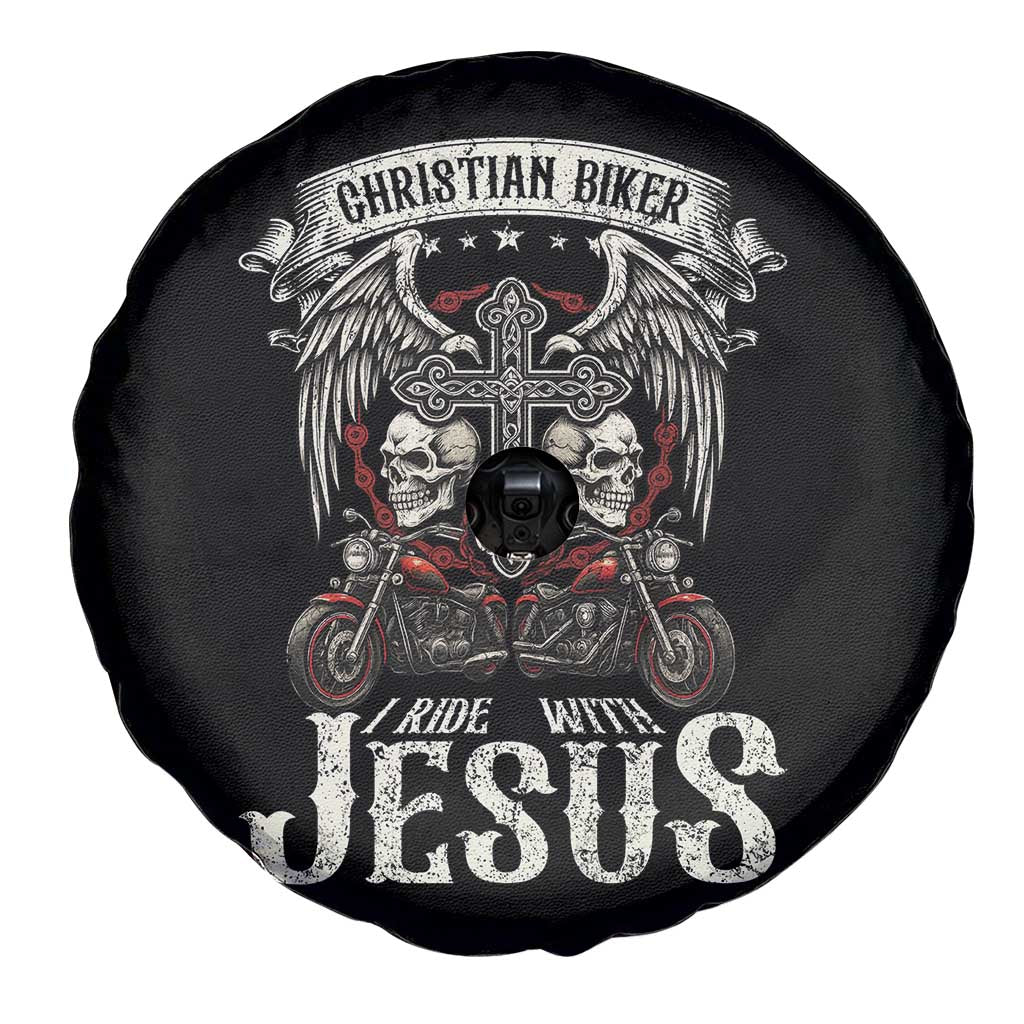 Christian Biker I Ride With Jesus Spare Tire Cover Religious Faith Motorcycle Rider Skull - Wonder Print Shop