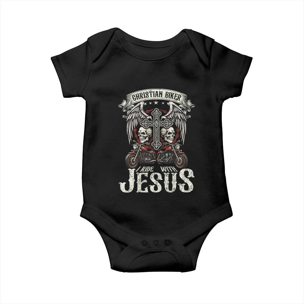 Christian Biker I Ride With Jesus Baby Onesie Religious Faith Motorcycle Rider Skull - Wonder Print Shop