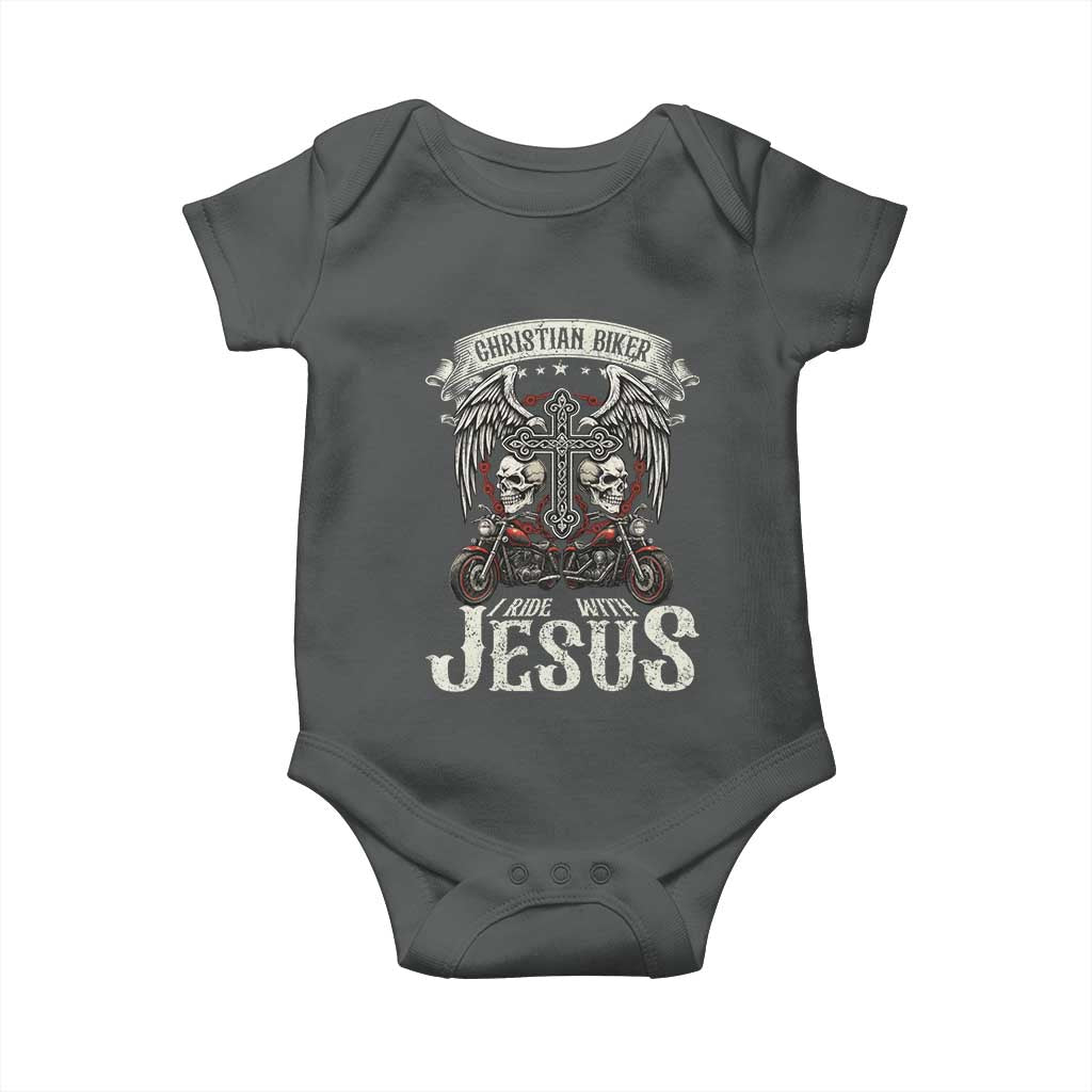 Christian Biker I Ride With Jesus Baby Onesie Religious Faith Motorcycle Rider Skull - Wonder Print Shop
