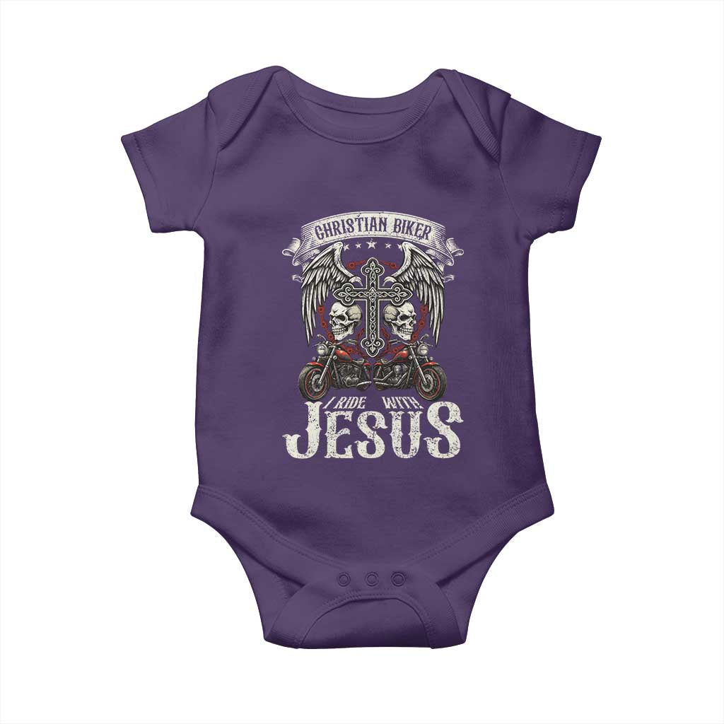 Christian Biker I Ride With Jesus Baby Onesie Religious Faith Motorcycle Rider Skull - Wonder Print Shop
