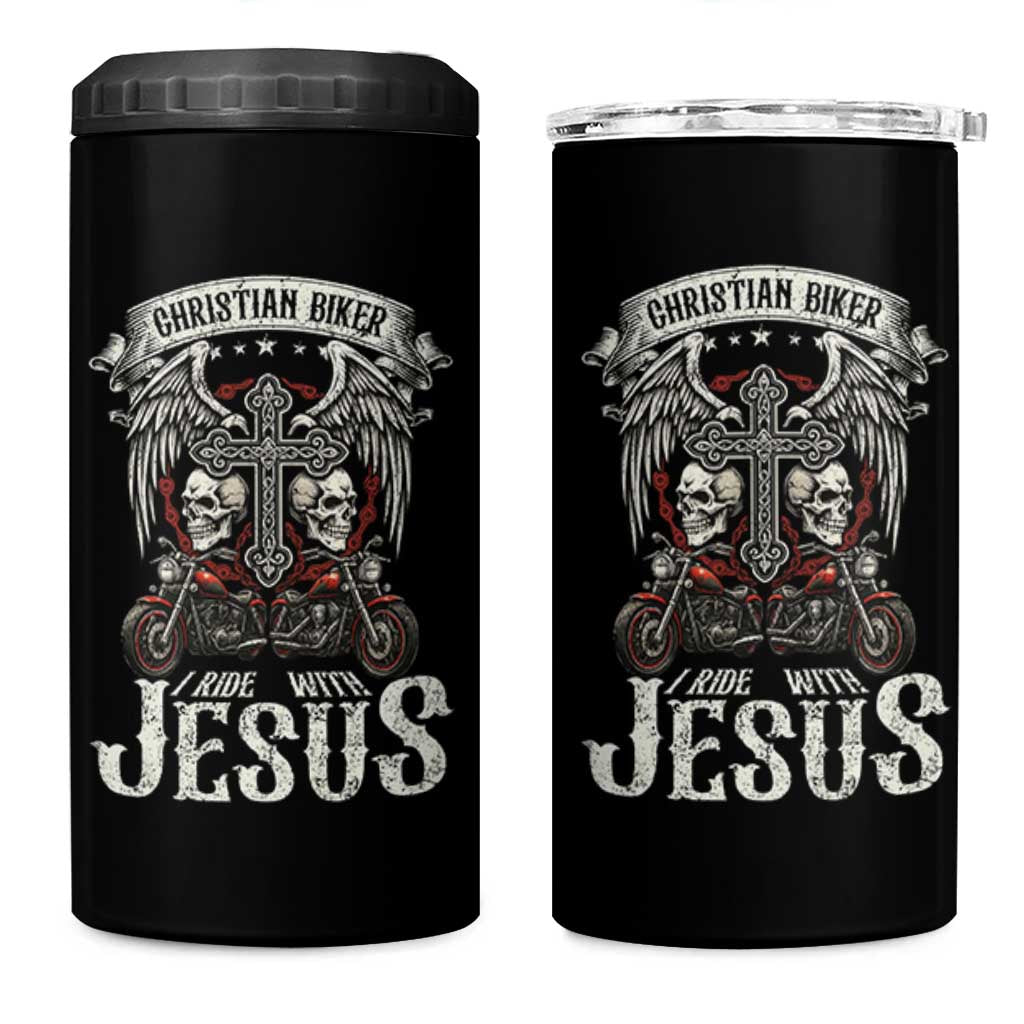 Christian Biker I Ride With Jesus 4 in 1 Can Cooler Tumbler Religious Faith Motorcycle Rider Skull - Wonder Print Shop
