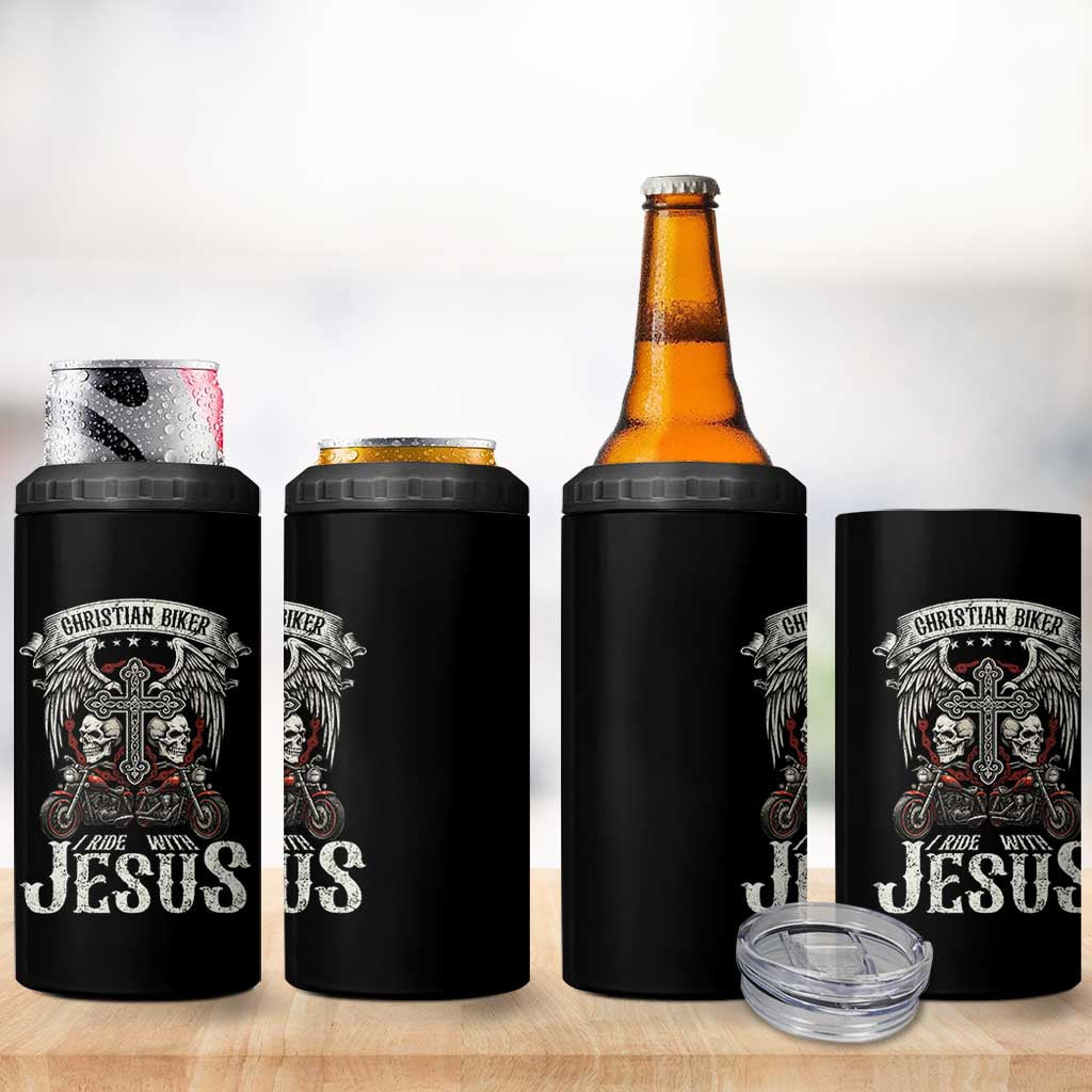 Christian Biker I Ride With Jesus 4 in 1 Can Cooler Tumbler Religious Faith Motorcycle Rider Skull - Wonder Print Shop