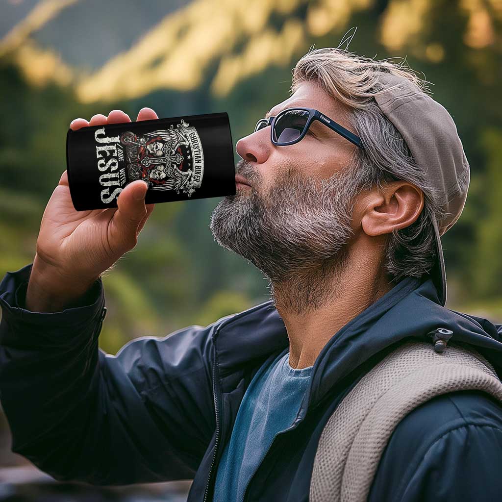 Christian Biker I Ride With Jesus 4 in 1 Can Cooler Tumbler Religious Faith Motorcycle Rider Skull - Wonder Print Shop