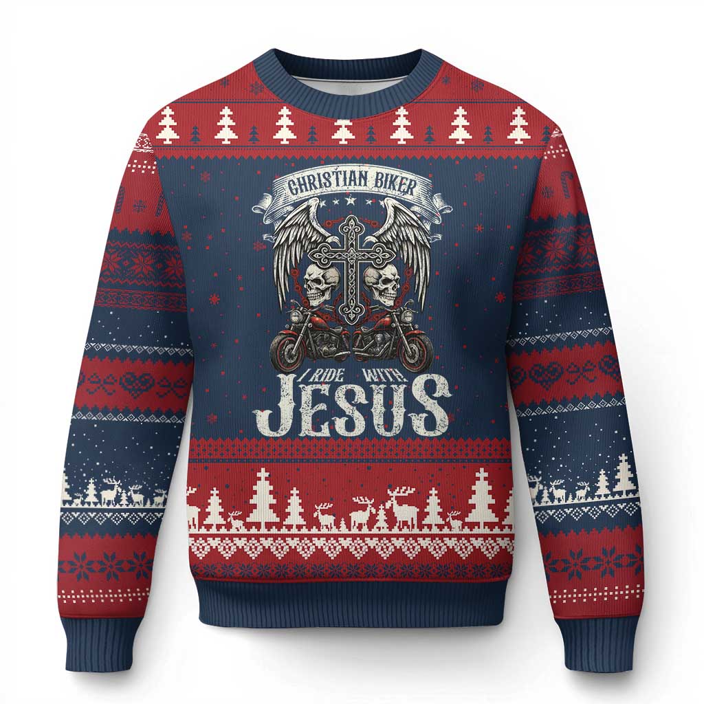 Christian Biker I Ride With Jesus Ugly Christmas Sweater Religious Faith Motorcycle Rider Skull - Wonder Print Shop