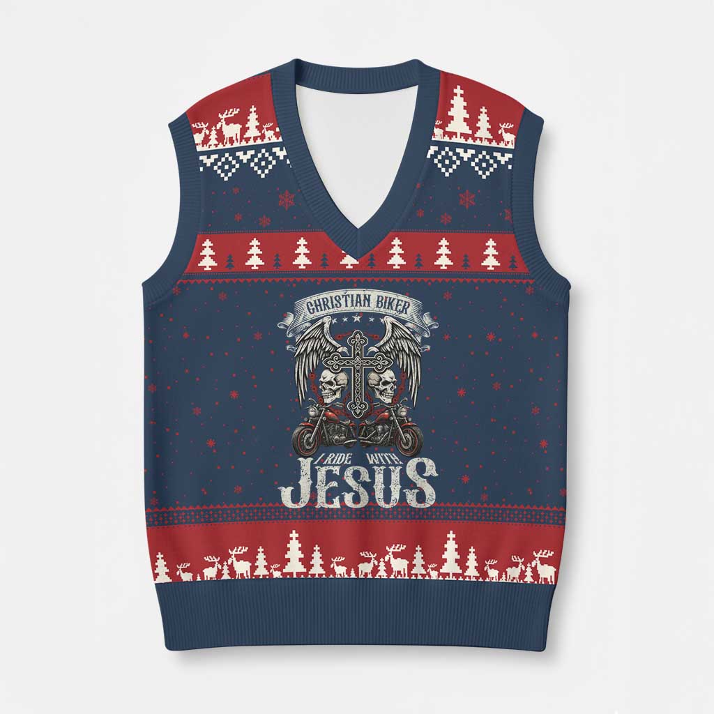 Christian Biker I Ride With Jesus V-Neck Knit Sweater Vest Religious Faith Motorcycle Rider Skull - Wonder Print Shop
