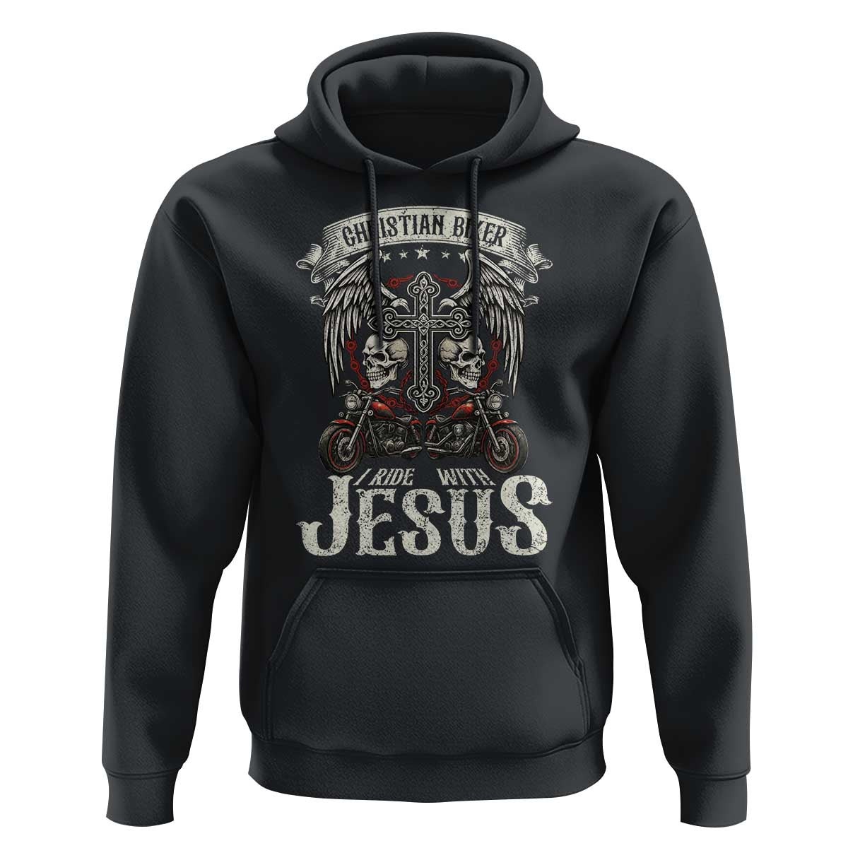 Christian Biker I Ride With Jesus Hoodie Religious Faith Motorcycle Rider Skull - Wonder Print Shop