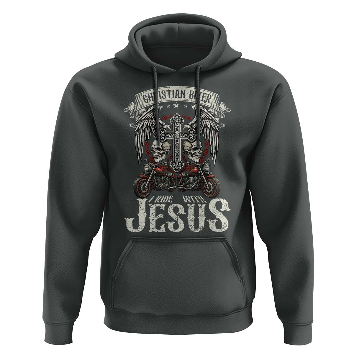 Christian Biker I Ride With Jesus Hoodie Religious Faith Motorcycle Rider Skull - Wonder Print Shop
