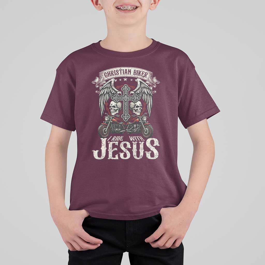 Christian Biker I Ride With Jesus T Shirt For Kid Religious Faith Motorcycle Rider Skull - Wonder Print Shop
