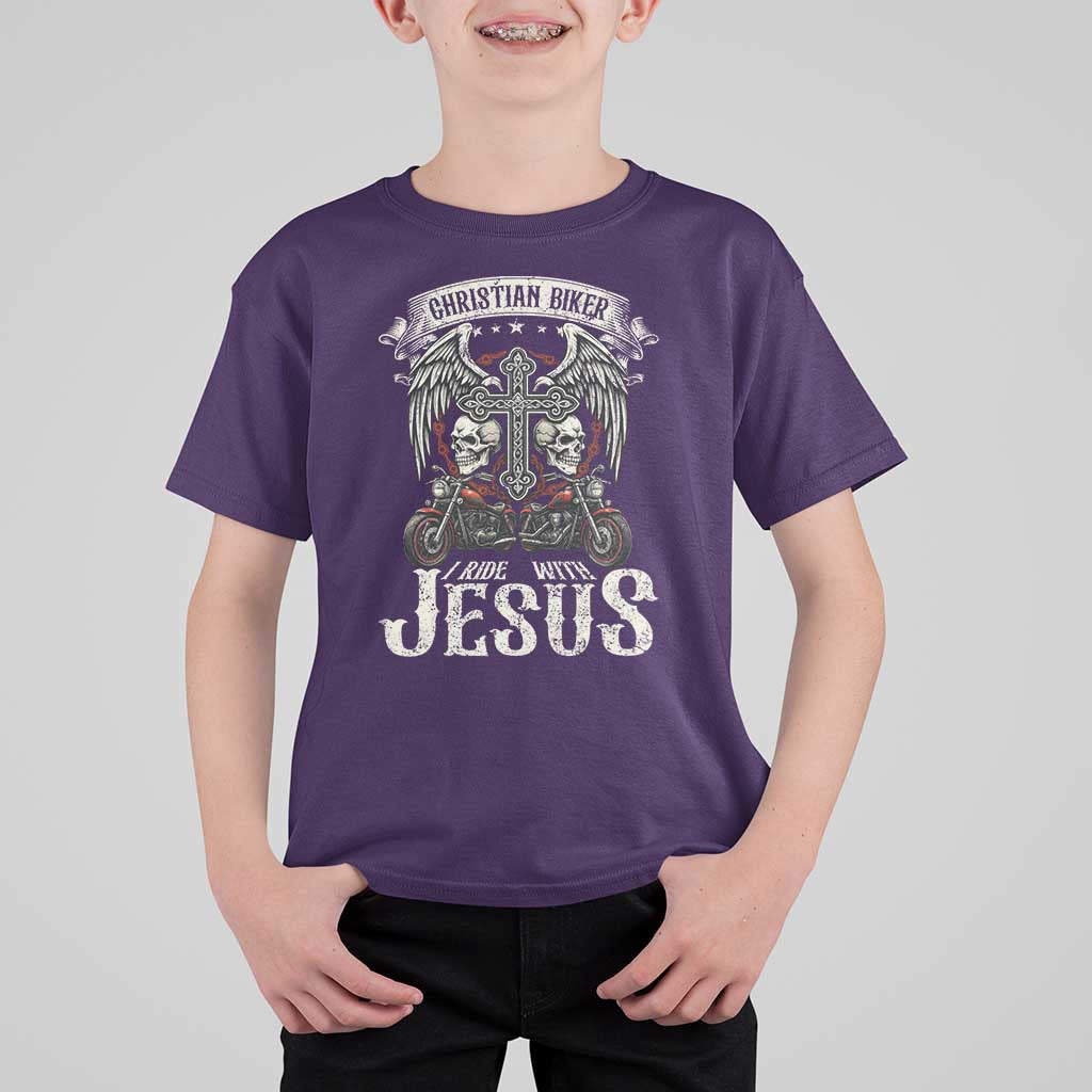 Christian Biker I Ride With Jesus T Shirt For Kid Religious Faith Motorcycle Rider Skull - Wonder Print Shop