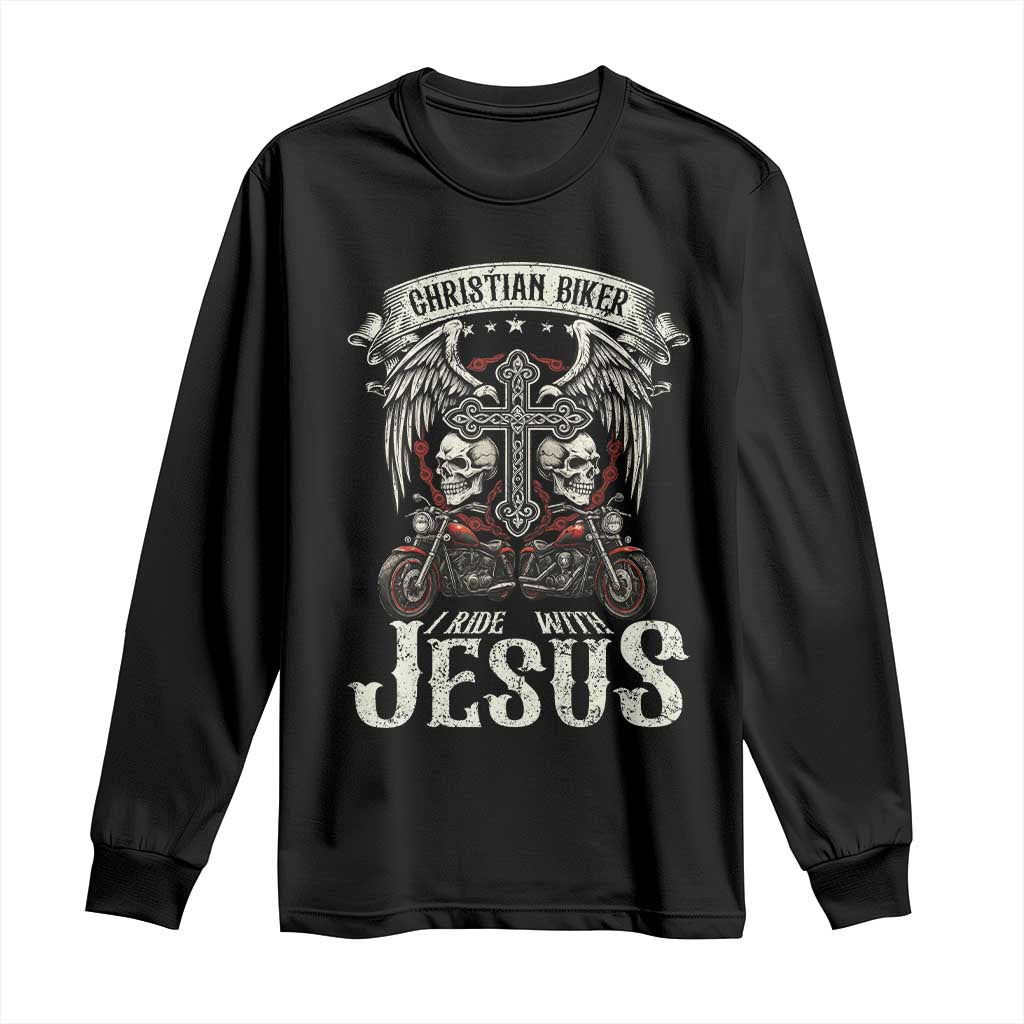 Christian Biker I Ride With Jesus Long Sleeve Shirt Religious Faith Motorcycle Rider Skull - Wonder Print Shop