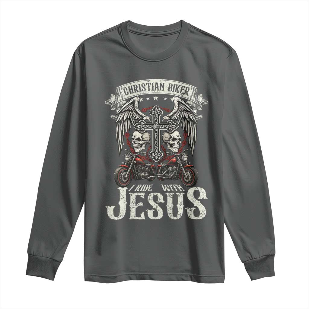 Christian Biker I Ride With Jesus Long Sleeve Shirt Religious Faith Motorcycle Rider Skull - Wonder Print Shop