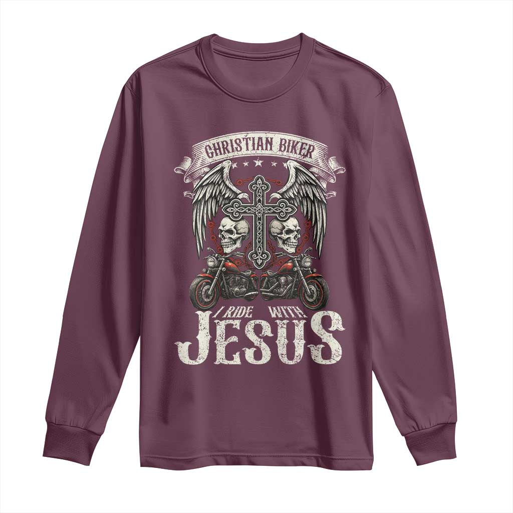 Christian Biker I Ride With Jesus Long Sleeve Shirt Religious Faith Motorcycle Rider Skull - Wonder Print Shop