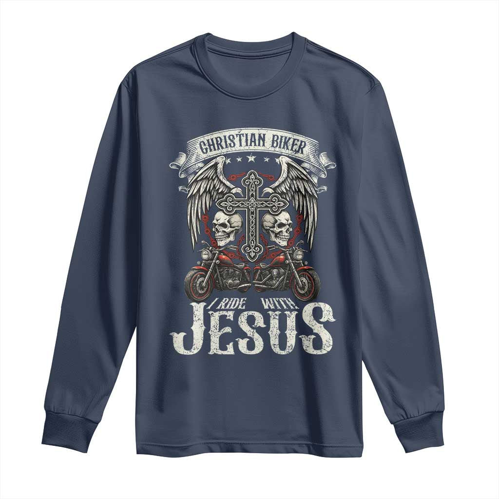 Christian Biker I Ride With Jesus Long Sleeve Shirt Religious Faith Motorcycle Rider Skull - Wonder Print Shop